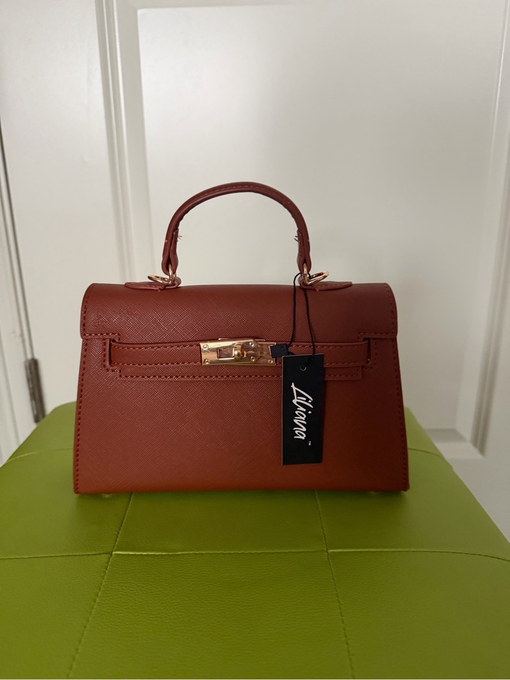 Liliana Brown Mini Top-Handle Satchel with Gold Hardware and attachable Strap